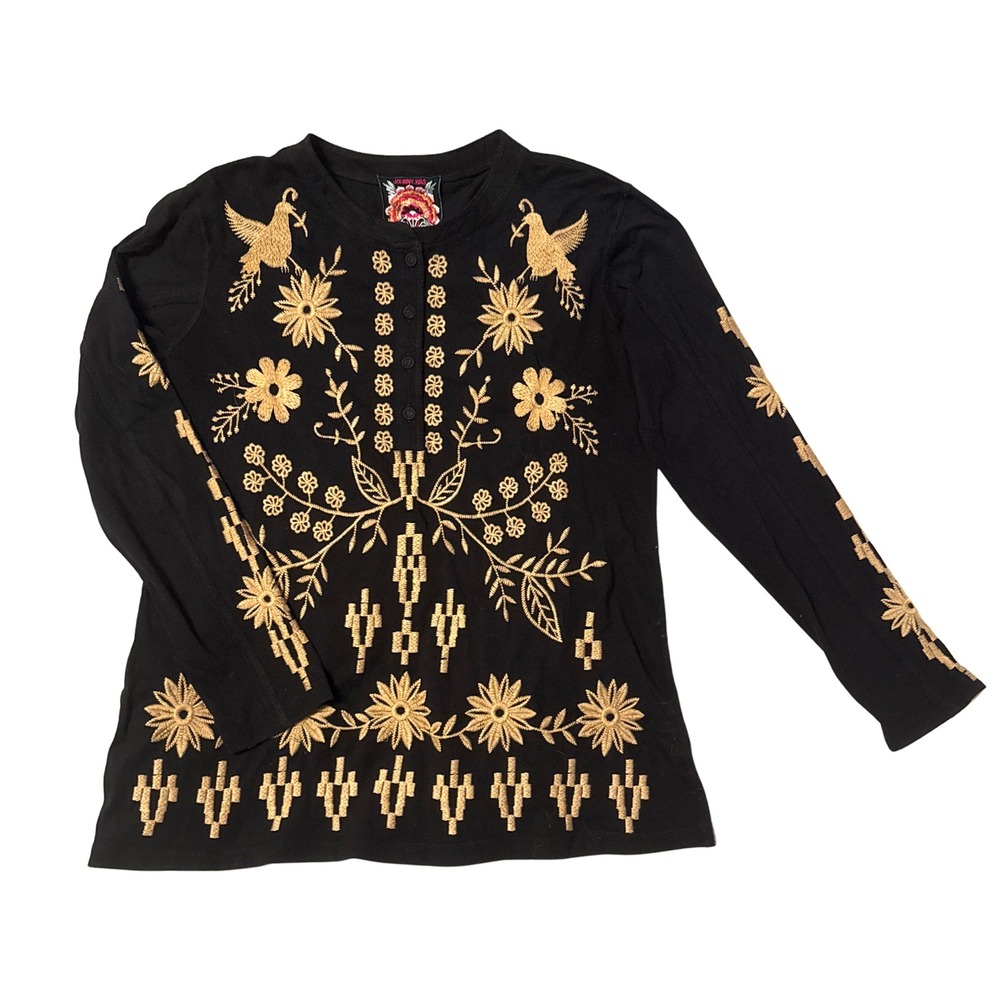 Johnny Was Black Gold Embroidered Bird Floral Henley Long Sleeve Top Small